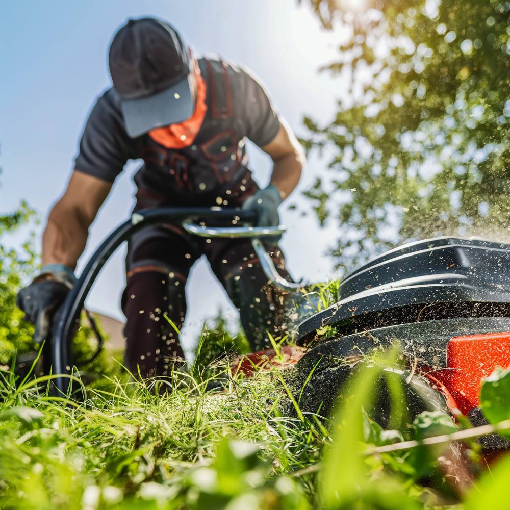 A person cutting grass