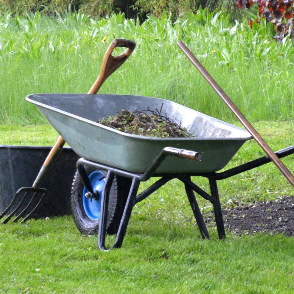 A wheelbarrow with garden maintenance tools